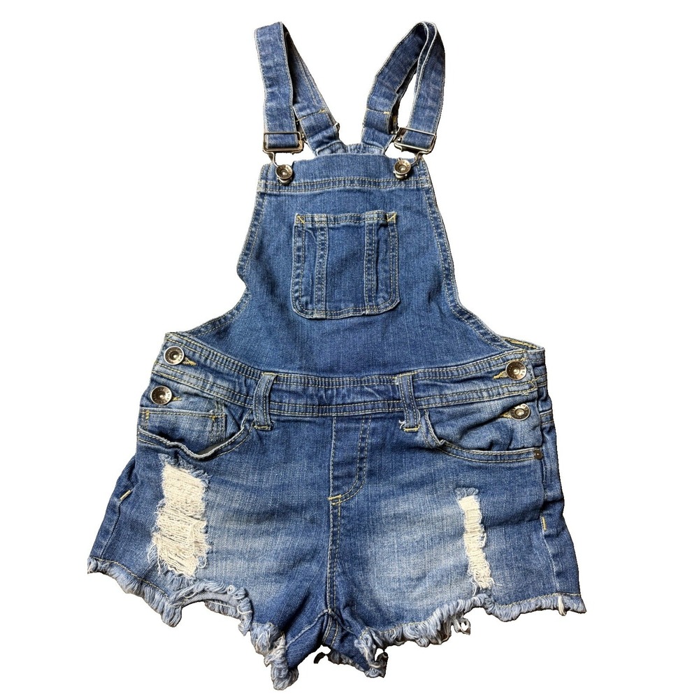 Empyre Womens Size 1 Distressed Denim Short Overalls Raw Hem Stretch Blue